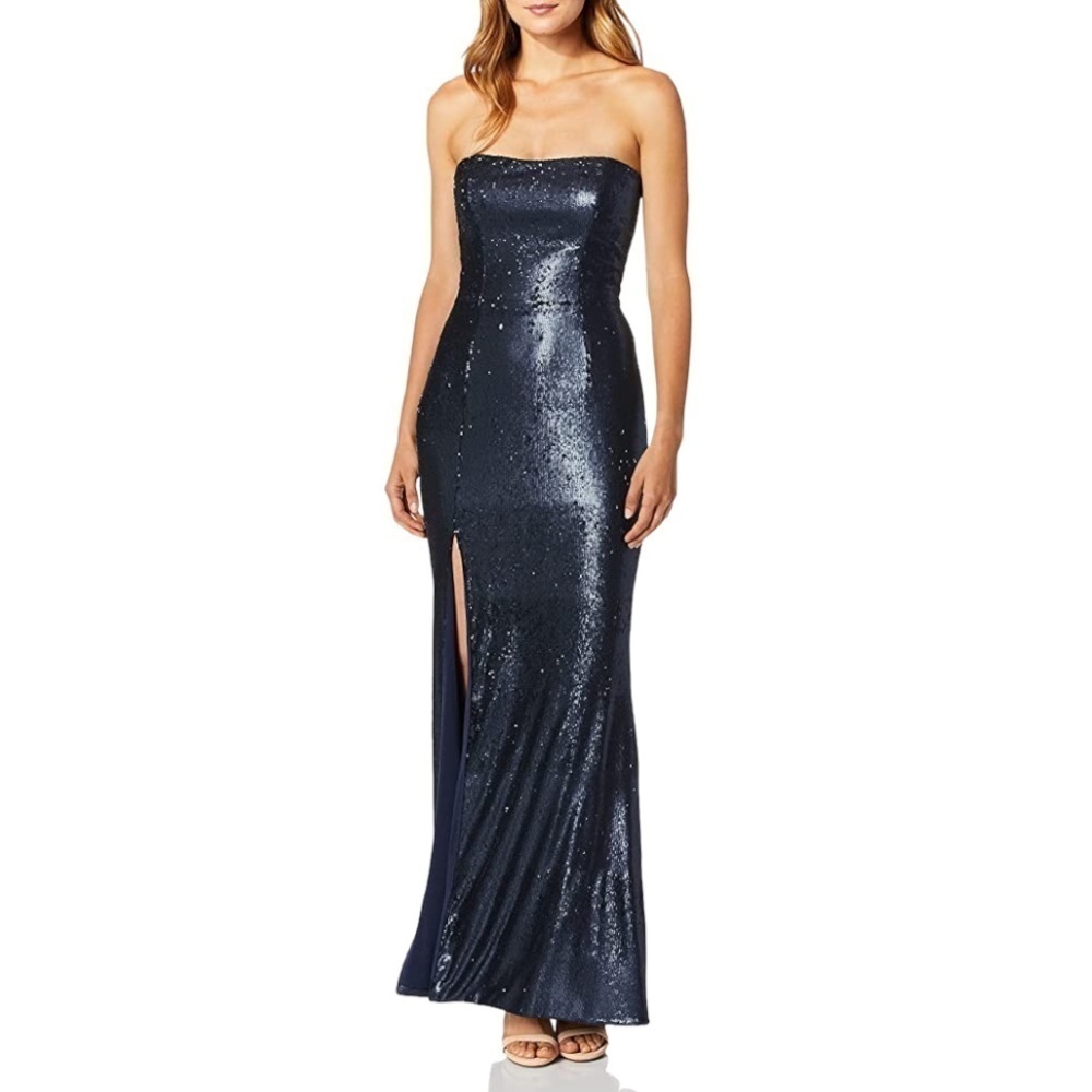 NWT Dress the Population Ellen Strapless Sequin Gown with Side Slit in Navy Sz S